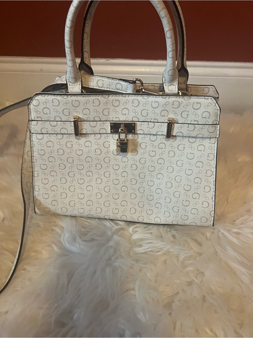 Guess White Monogram Crossbody Satchel with Lock Detail